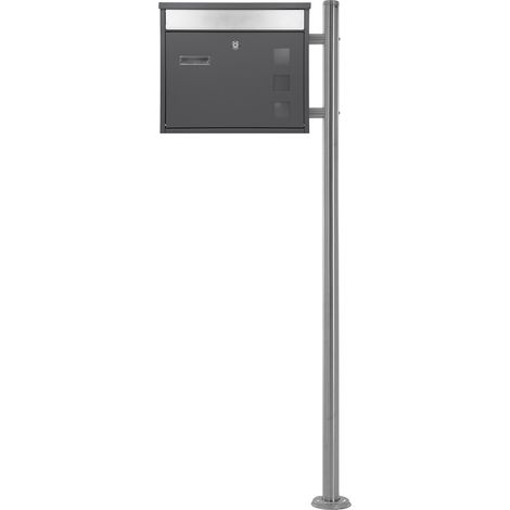ECD Germany Design Briefkasten mit Pfosten, Standbriefkasten mit Namensschild, Briefkastenanlage, Briefkastenständer Silber 120 cm Edelstahl, Postkasten Anthrazit-Silber Edelstahl pulverbeschichtet