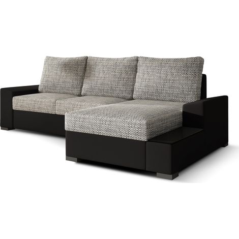 Canapé angle droit convertible tissu gris chiné et simili noir James 245cm (1/5)