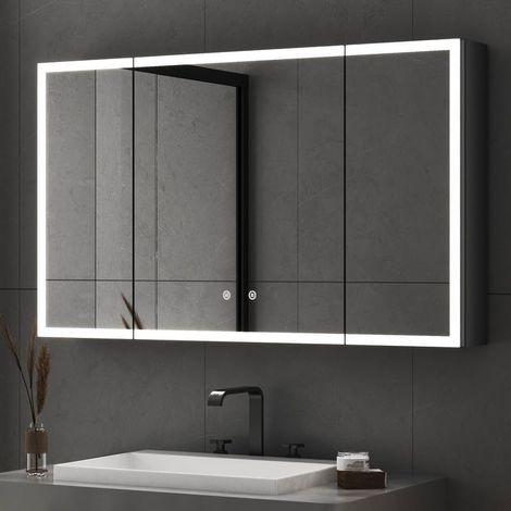 90x60 cm 3 Türen Spiegelschrank Bad mit Beleuchtung LED Spiegelschrank mit Beleuchtung Badspiegel Schwarz mit Beleuchtung Medizin Kabinett Hängeschränke mit 3 Einstellbare Lichtfarben, Beschlagfrei, S