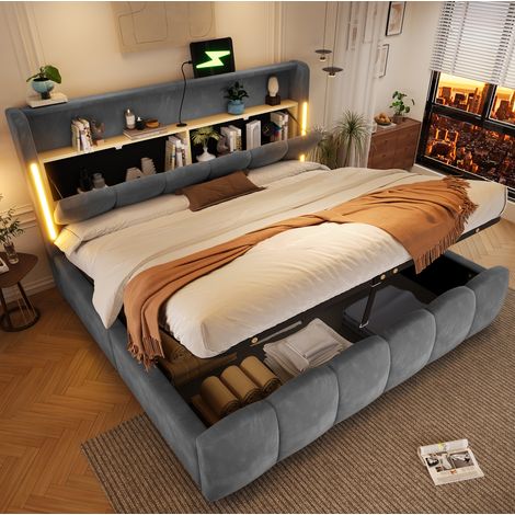 Cama con almacenamiento de 180x200 cm con iluminación LED, almacenamiento hidráulico, puertos USB y Tipo-C, cabecero con almacenamiento, terciopelo - gris (1/5)