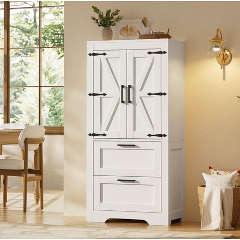 Aparador estilo granero 60x30x128 cm con 2 cajones y estantes regulables, mueble de almacenamiento blanco (1/5)
