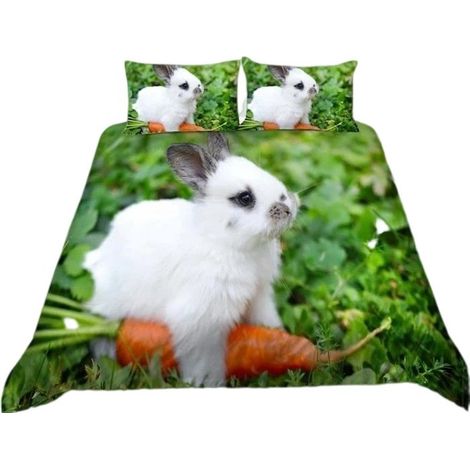 Housse de couette motif carotte et lapin vert 140x200cm, microfibre, fermeture éclair invisible, 2 taies d'oreiller (1/4)