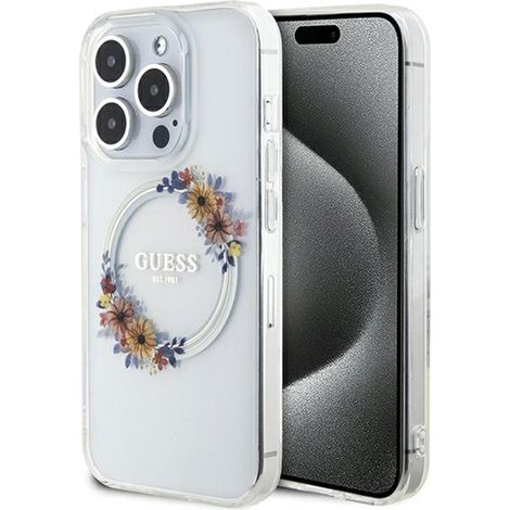 Guess IML Ghirlanda di Fiori MagSafe - Custodia per iPhone 15 Pro Max (Trasparente) (1/5)