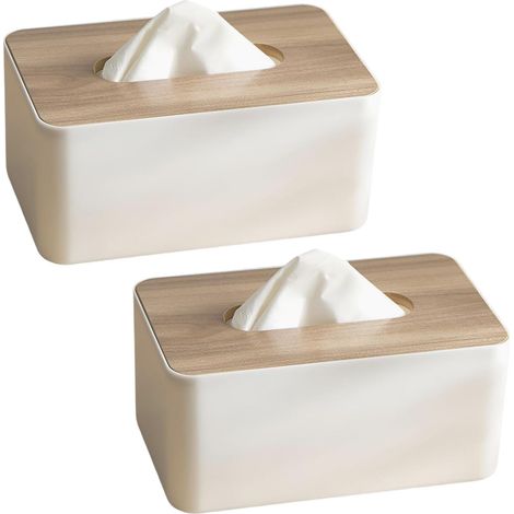 Juego de 2 cajas blancas de madera y PP – 21×13×9 cm, almacenamiento multifuncional para pañuelos/toallitas húmedas