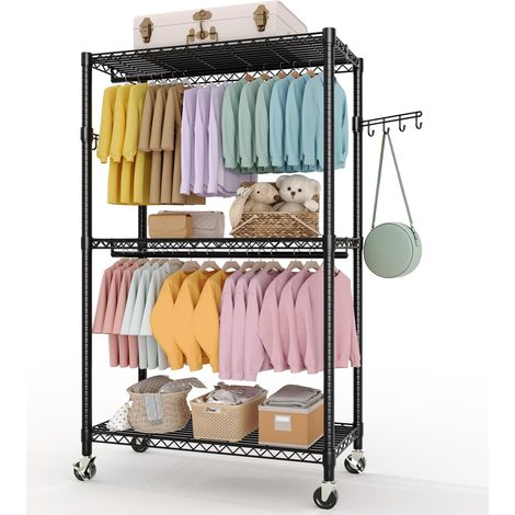 Portant à vêtements robuste sur roulettes – 3 niveaux, double tringle, étagères réglables, crochets latéraux – penderie autoportante en métal pour chambre/buanderie, noir