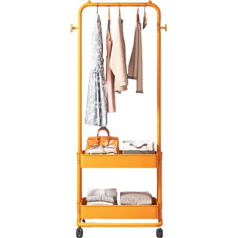 Portant 3 en 1 pour vêtements, chaussures et accessoires, avec 2 paniers à 2 niveaux et 2 crochets latéraux. Chariot de rangement mobile pour salon, chambre, dressing ou entrée. Couleur orange.