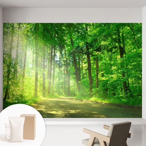 Papier peint intissé pour salon chambre à coucher peint imprimé Installation facile - Colle incluse gratuite Sentier forestier 152x104 cm (1/5)