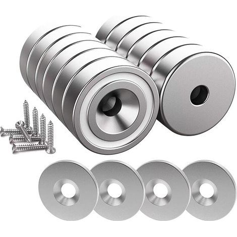 12 Stück Neodym-Magnete, 10 kg Kraft, 20 x 7 mm mit Loch und Kapsel, Senkkopf-Topfmagnet mit Schraube und 12 Stahlpads (Hellsilber) (1/5)
