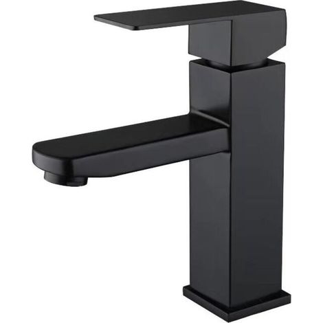 Robinet de lavabo, 1 trou, mitigeur monocommande, acier inoxydable, eau chaude et froide, noir mat (1/2)