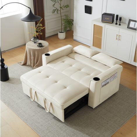 Canapé convertible 137x76.5x83 cm beige en velours avec dossier réglable et porte-gobelets (1/5)