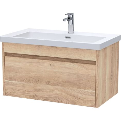 Swainsley Contemporary Wall Hung 1 Drawer Vanity Unit with 1 Tap Hole Contemporary Fireclay Basin, 800mm, Bleached Oak