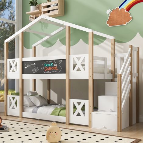 Letto Castello Bambini 90x200cm a Tema Casetta sull'Albero,Scala con Contenitore Integrato + Protezioni Anti-Caduta,2 Reti (Senza Materasso)