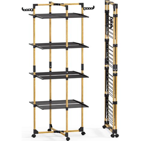 VOUNOT® Séchoir à linge tour pliable 99x69x175,5cm, Étendoir 4 niveaux grande capacité avec roulettes, 33m d’étendage, Noir
