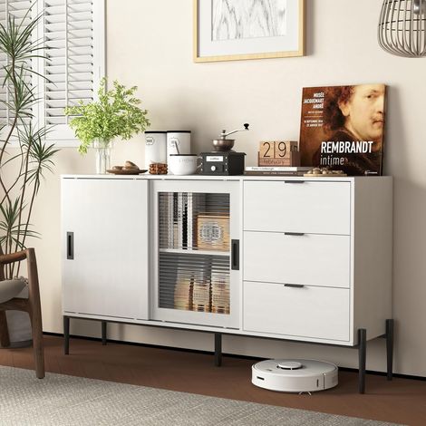 Modernes Buffet aus Holz – Multifunktionales Sideboard mit 3 Schubladen und 2 Glastüren für Küche und Esszimmer, Spanplatte, 155 x 40 x 91,5 cm, Weiß (1/5)