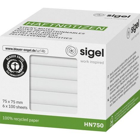 Sigel Nota adesiva, memo HN750 75 mm x 75 mm Bianco 600 Foglio (1/4)