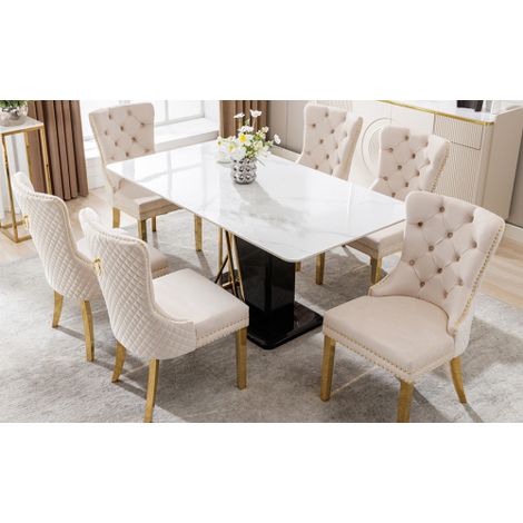 Chaise de salle à manger (chaise de cuisine, chaise de salon avec heurtoir original au dossier, lot de 6), chaise rembourrée avec garniture cloutée, pieds de support en acier inoxydable plaqué or, rev (1/5)