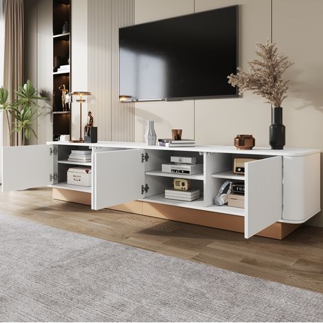 TV-Lowboard MDF Weiß 200,0 x 40,0 x 47,5 cm, 4 Türen, geriffelte Fronten, verstellbare Fächer, Kabeldurchlässe (1/5)