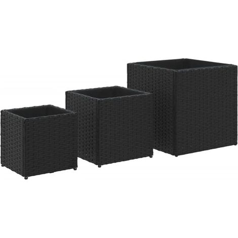 Ensemble de trois pots de fleurs d'extérieur, en résine tissée noire (1/5)