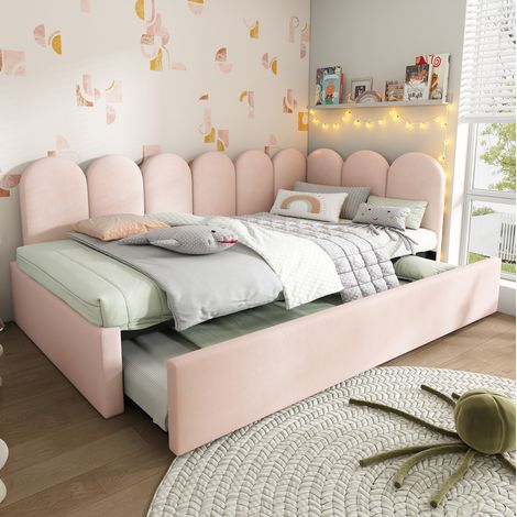 Letto per bambini 90x200 cm in velluto rosa con letto estraibile, MEUBLIV (1/5)