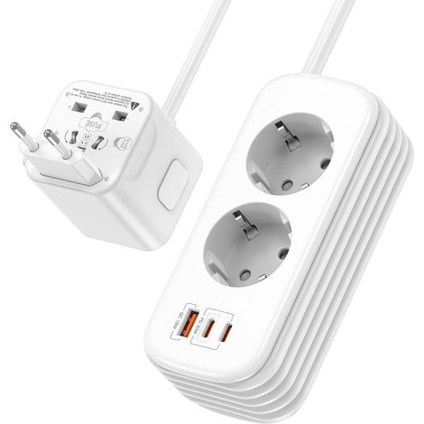 Adaptateur de voyage universel avec câble de 1,8 m, double prise de voyage pour EU/DE, prise de voyage mondiale avec USB C PD 30 W et 3 USB, adaptateur international pour États-Unis, UK, AU (1/5)