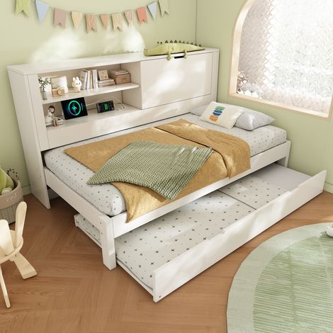 Canapé-Lit Blanc 90x190 cm avec Lit Gigogne 90x190 cm - Tête de Lit Rangement, Étagère Ouverte, Compartiment Caché et Charge USB