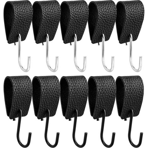 Crochet en S Noir + Argent, 10 Crochets en S Avec Boucle en Cuir, Crochets Pour Cintre, Pour Suspendre Dans Une Armoire, Pour La Salle de Bains, La Chambre à Coucher, Le Salon. (1/5)