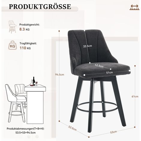 Tabouret de bar moderne 030 avec dossier, chaise de bar rembourrée en tissu avec repose-pieds, tabouret de bar pour comptoir de cuisine, îlot, bar, salle à manger – lot de 2, gris (1/4)
