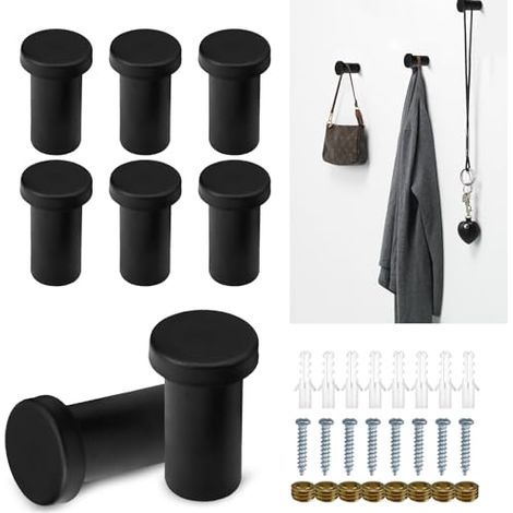 Crochets muraux à visser, lot de 8, patères, noires, crochets pour vêtements, acier inoxydable, 35 mm de diamètre, crochets porte-serviettes à percer, crochets ronds, noirs, à visser, pour salle de ba (1/5)