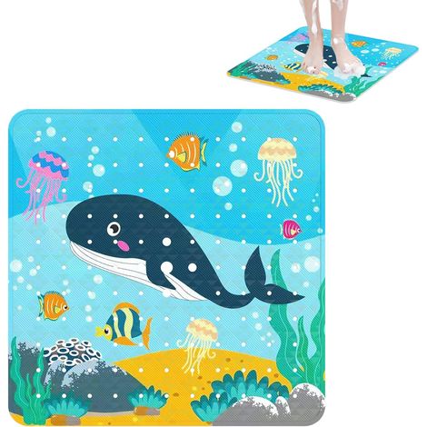 Tapis de Douche Antidérapant, 53 x 53 cm Carré Tapis de Bain, Natte de Bain Lavable en Machine, Natte de Douche avec Trous de Drainage et Ventouses, pour de la Douches et Zones Humides (Baleine Noire) (1/5)