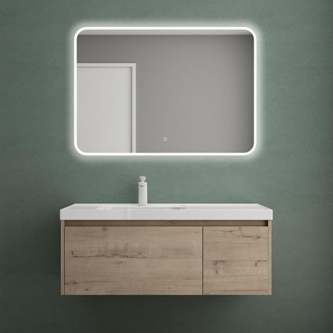 Mai & Mai Badmöbelset Badezimmermöbel Eiche Greige Waschbeckenunterschrank 100 cm mit Waschschbecken aus Mineralguss und LED-Badspiegel Salerno
