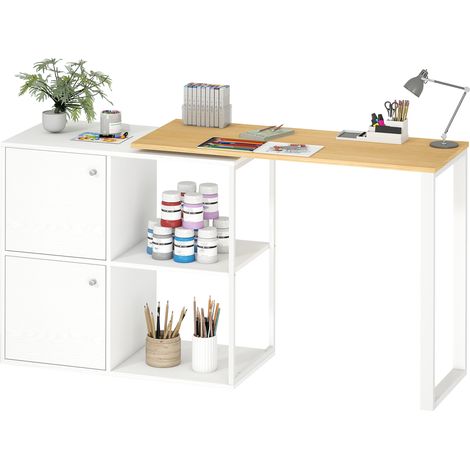 Schreibtisch L-förmig, 360° drehbarer Eckschreibtisch mit 2 Lagerschränken, 2 offenen Regalen, Computertisch für kleine Räume, Arbeitszimmer, Wohnzimmer, 150x40x75 cm, Weiß (1/5)