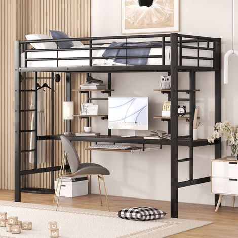 MEUBLIV Letto a soppalco 90x200 cm nero con scrivania, 2 mensole e scala, senza materasso (1/5)