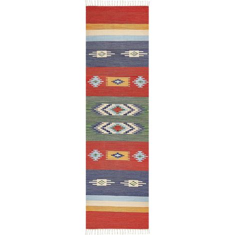 Tappeto Kilim in cotone tessuto a mano reversibile con motivi geometrici e nappe multicolore 80 x 300 cm Kamaris (1/5)