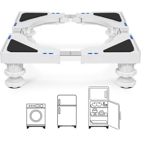 Support pour lave-linge, 4 pieds rembourrés et verrouillables, largeur réglable 40 à 62 cm, hauteur 10 à 12,5 cm, charge max 200 kg, compatible réfrigérateur et sèche-linge, blanc (1/5)
