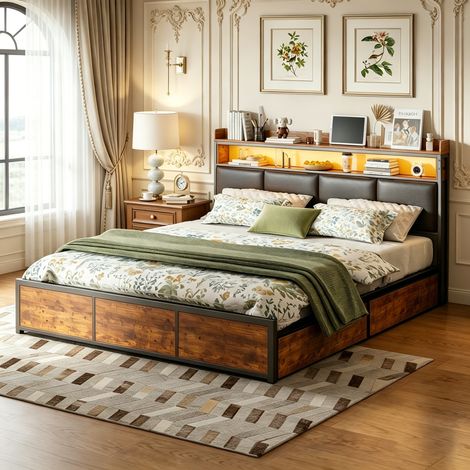 Erwachsenenbett 160 x 200 cm mit 4 Schubladen, Kopfteil mit integriertem Ablagefach und verstellbarer LED-Beleuchtung, gepolstertes Bett mit optimiertem Stauraum, PU, schwarz