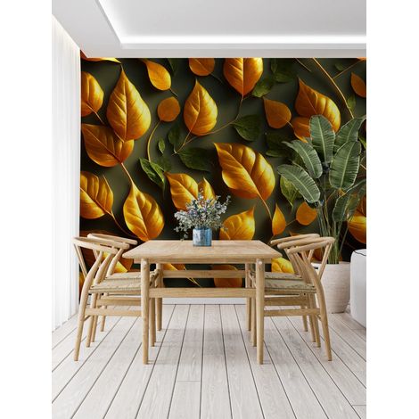 Papier Peint Feuillage - Feuilles Dorées et Vertes - 150 x 250 cm (1/2)