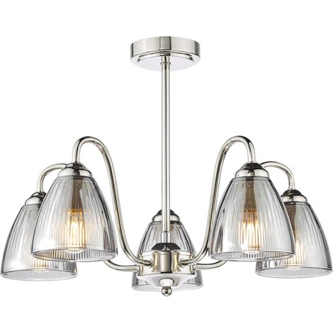 Dar Glynis Plafonnier semi-encastré Glynis 5 lumières, finition nickel poli et verre fumé côtelé (1/5)