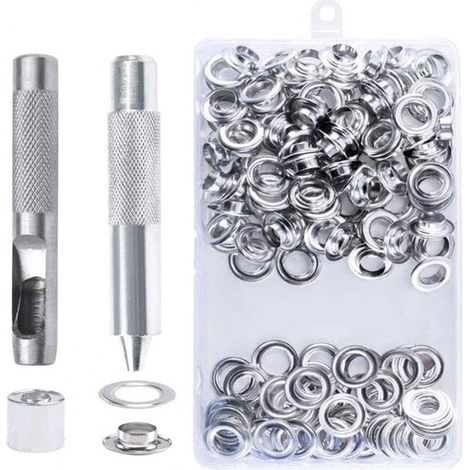 100 pezzi，1 set Occhielli，chiusure a scatto con occhielli，kit di attrezzi per occhielli，con 3 attrezzi，10 mm，argento，per teloni impermeabili (1/4)