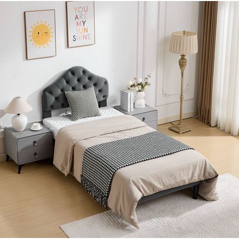 Letto singolo 90x200 cm con testiera regolabile e rete a doghe in legno, in tessuto, grigio (1/5)