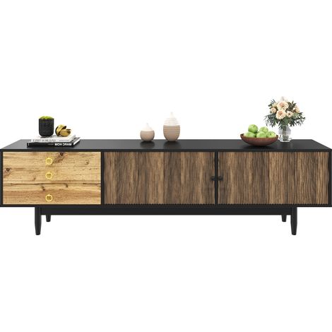 TV-Lowboard mit 2 Türen und 3 Schubladen, Wellenmuster-Fronten, Massivholzbeine, 180×38×50 cm, Schwarz + Natur (1/5)