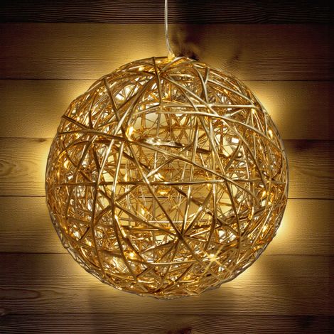 Leuchtkugel 20 cm mit Goldband umwickelt warm weiß mit Timer - 30 LED - Weihnachts Deko Leuchte zum Hängen Batterie betrieben