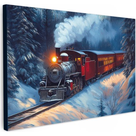 TABLEAU SUR TOILE Train - Noël - Neige - Train de Noël Toile Peinture Grand Format XXL 150x100 cm