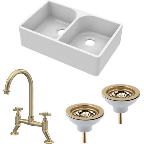 Fireclay Kitchen Bundle -  2 Bowl Full Weir Butler Sink No Overflow w/ Wastes & Bridge Tap, 795mm - Brushed Brass