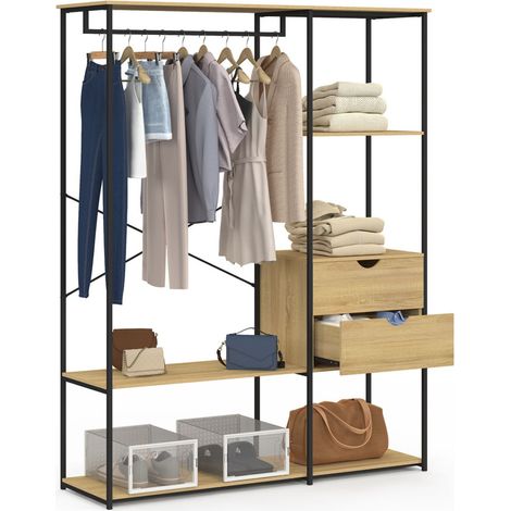 Idmarket – Dressing penderie 130 cm avec étagères et 2 tiroirs – Métal noir et bois – Hauteur 167 cm – Rangement optimisé pour espaces restreints (1/5)