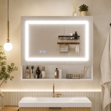 801770 cm, armario con espejo para baño, doble puerta, deshumidificación con un botón, iluminación LED, estantes ajustables, superficie de melamina, bisagras con cierre suave, color blanco. (1/5)