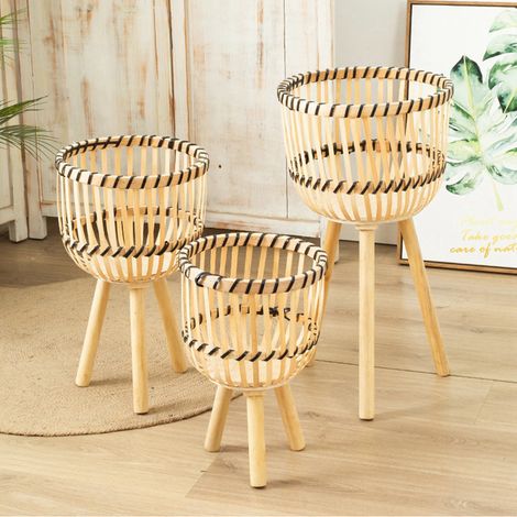 Geflochtener Blumentopf/Pflanzenständer aus synthetischem Rattan, hohes, freistehendes Regal für das Wohnzimmer – gestreift, kleine Größe 37 x 25 cm (1/5)