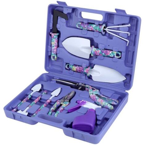 Outils de Jardinage avec 10 Pièces avec Ciseaux,Pelles,Râteaux et Pulvérisateur Poignée Ergonomique Antidérapante et Antirouille - Boîte de Rangement (Violet) (1/5)