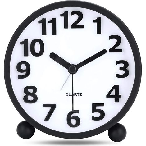 Silent Analog Alarm Clock,Black Metal Large 3D Digits,Non Ticking Table Clock with Night Light Bedside Alarm Clock 10.5cm