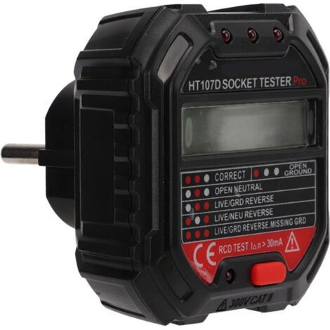 Testeur de Prise Multifonction HT107D avec Affichage Numérique, Détecteur de Terre, Fiche UE 90-250V/45-65Hz (1/5)