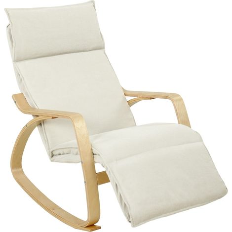 Silla mecedora con reposapiés reclinable de 5 posiciones, acolchado doble, poliéster blanco crema (1/5)